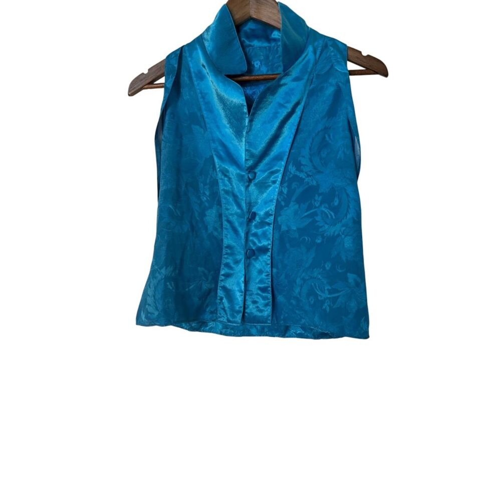 Vintage Victorias Secret Gold Label Top Size XS P Teal Blue Satin Floral Jacquar - Picture 8 of 15